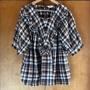 Plaid Ruffle Front Cotton Western Puff-Sleeve Top in White, Brown, Black